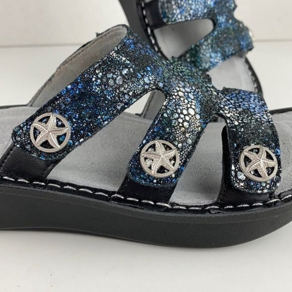 Size EU 38 Alegria Dinah Leather Slip-On Sandals w/ Strap Details - Deep Sea - Picture 2 of 10